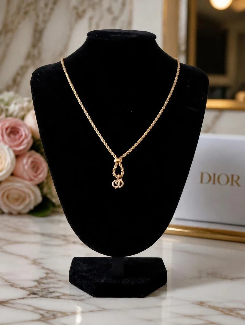 Christian Dior Vintage Gold-Tone CD Knot Necklace ✨